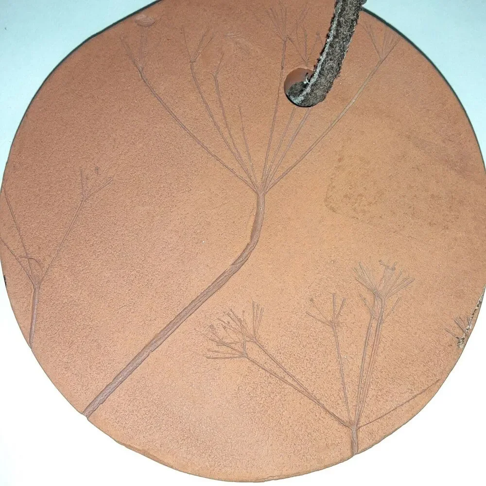 Earthenware Clay Round Etched Floral Tiles Artist Signed With Leather Hangers...